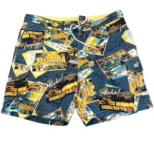 Caribbean Joe men’s vintage swim‎ trunks blue yellow postcard cargo style Size M